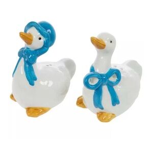Ceramic Goose Salt & Pepper Shaker Set Blue Bow Farmhouse Decor